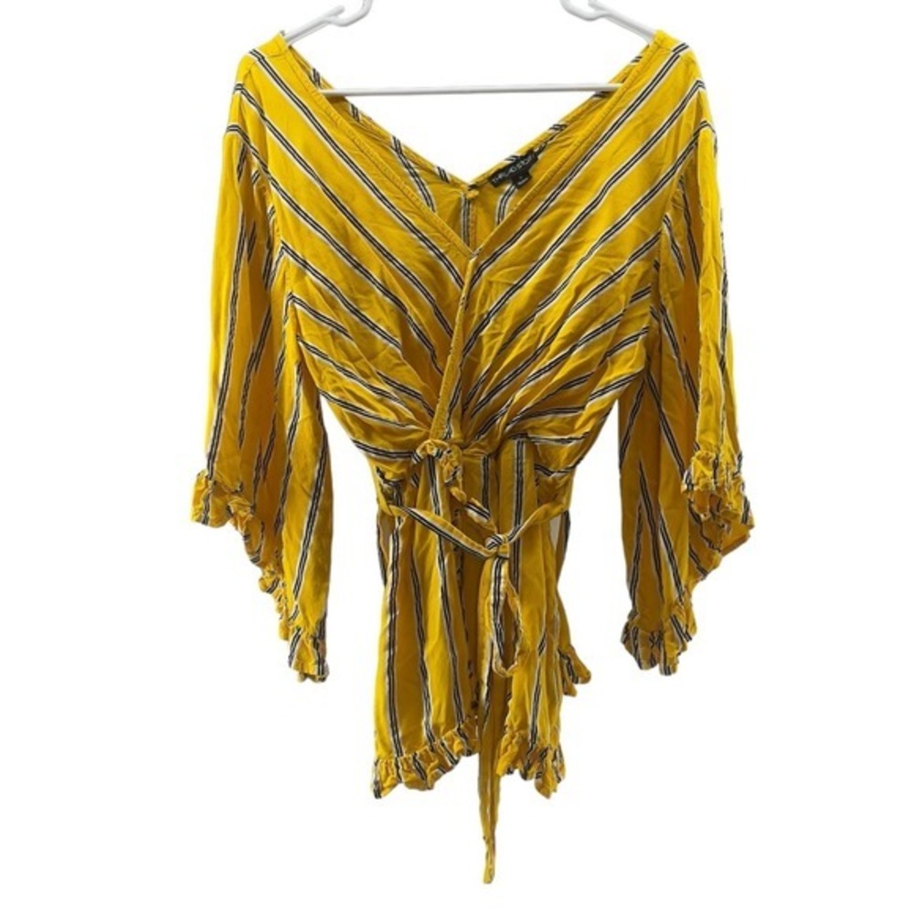 Thread Story Women Medium Blouse Yellow Striped Faux Wrap Flowy Sleeves‎ V Neck